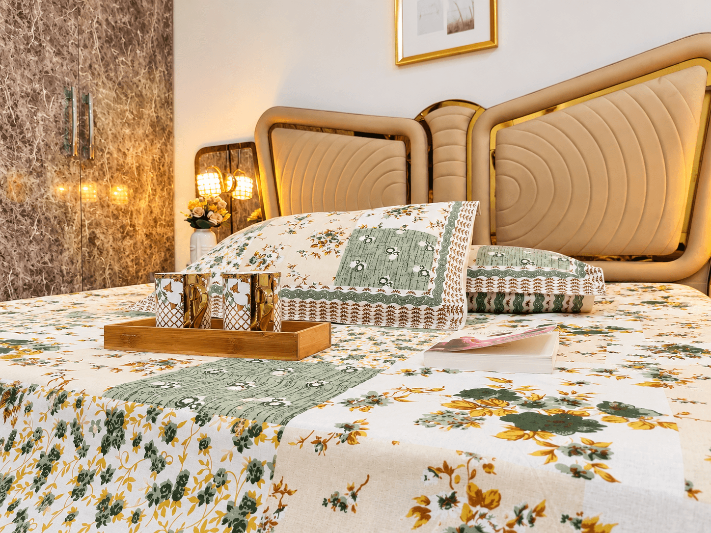 Light floral RESHA bedding with green and golden flowers and matching pillow covers